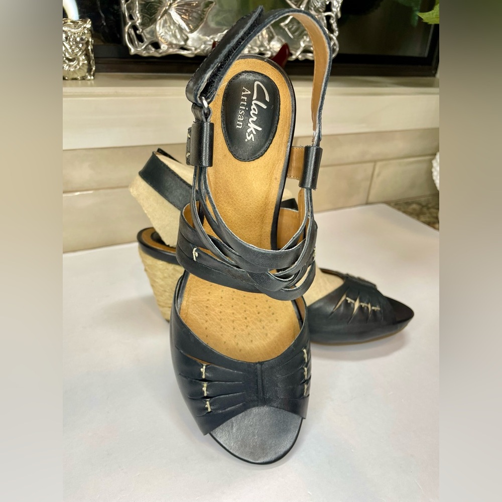 Clarks NIB Kyna Smart Black Leather Jute Wedge Sandal - 8.5M